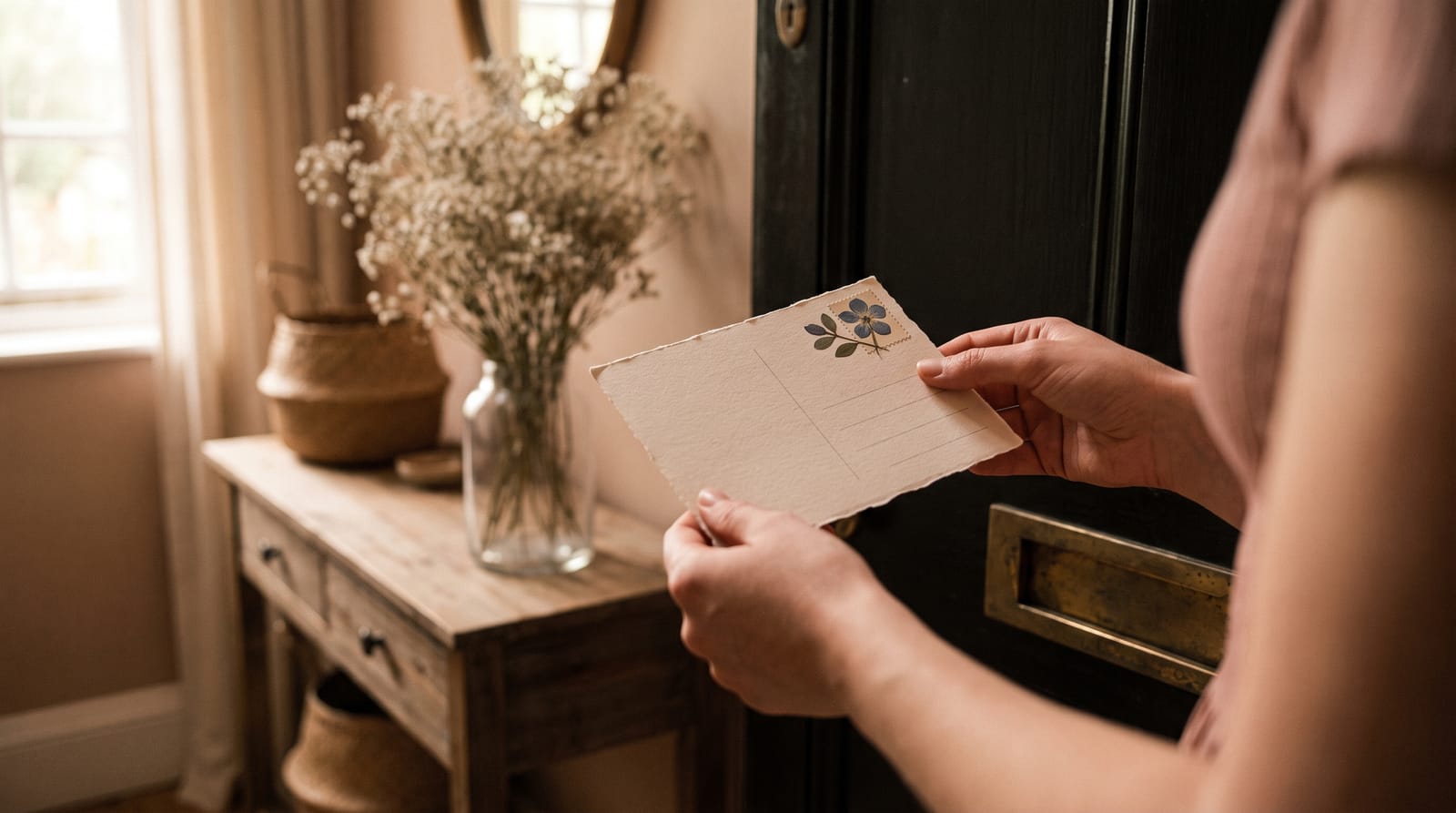 Zwei Hände holen eine Postkarte aus dem Briefkasten